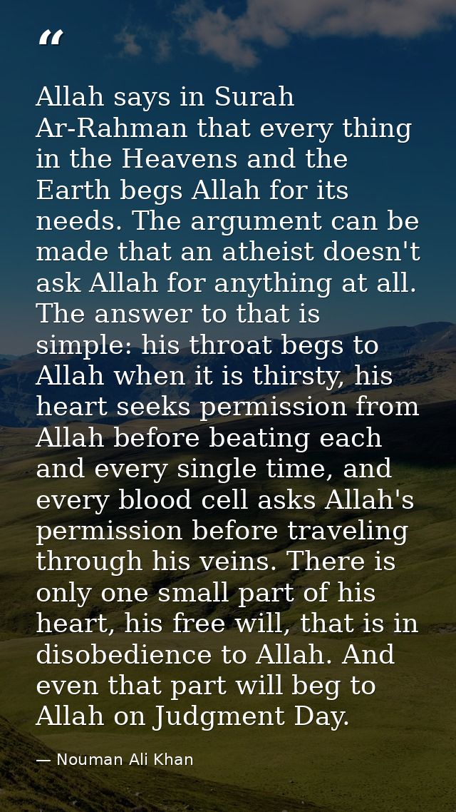 Allah says in Surah Ar-Rahman that every thing in the Heavens and the Earth begs Allah for its needs. The argument can b — Nouman Ali Khan