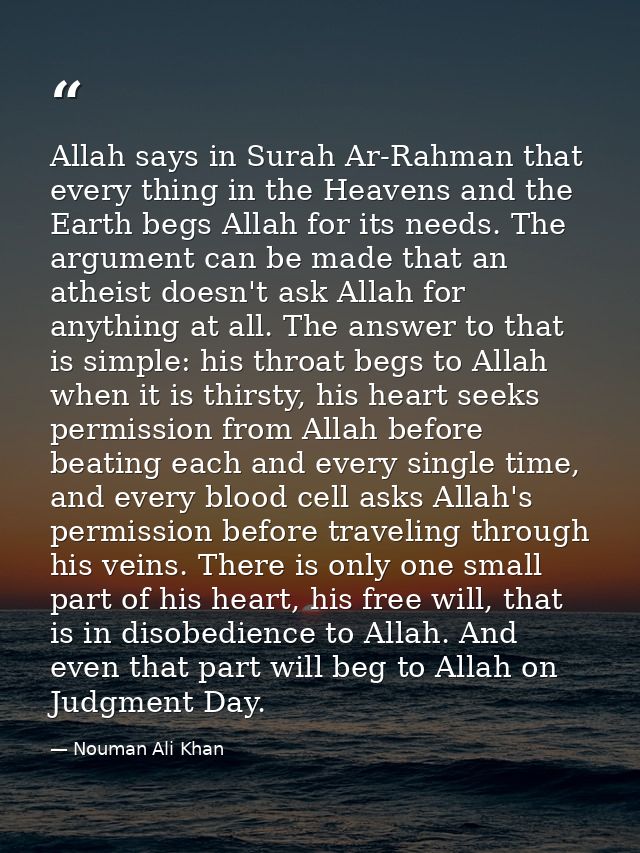 Allah says in Surah Ar-Rahman that every thing in the Heavens and the Earth begs Allah for its needs. The argument can b — Nouman Ali Khan