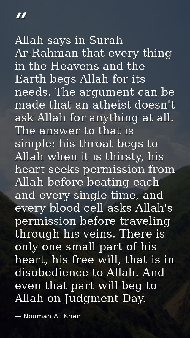 Allah says in Surah Ar-Rahman that every thing in the Heavens and the Earth begs Allah for its needs. The argument can b — Nouman Ali Khan