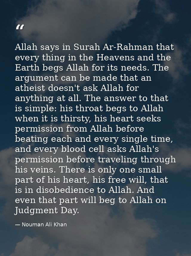 Allah says in Surah Ar-Rahman that every thing in the Heavens and the Earth begs Allah for its needs. The argument can b — Nouman Ali Khan