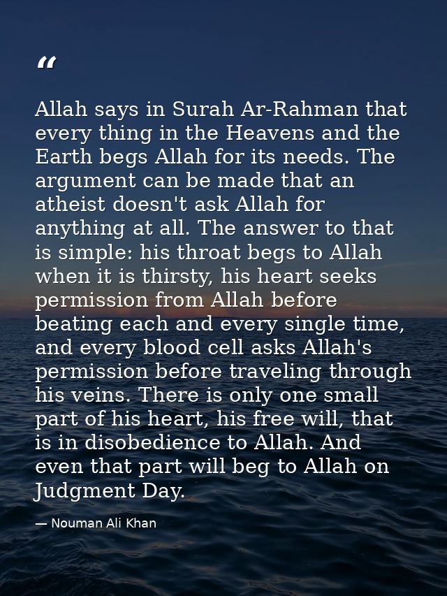 Allah says in Surah Ar-Rahman that every thing in the Heavens and the Earth begs Allah for its needs. The argument can b — Nouman Ali Khan