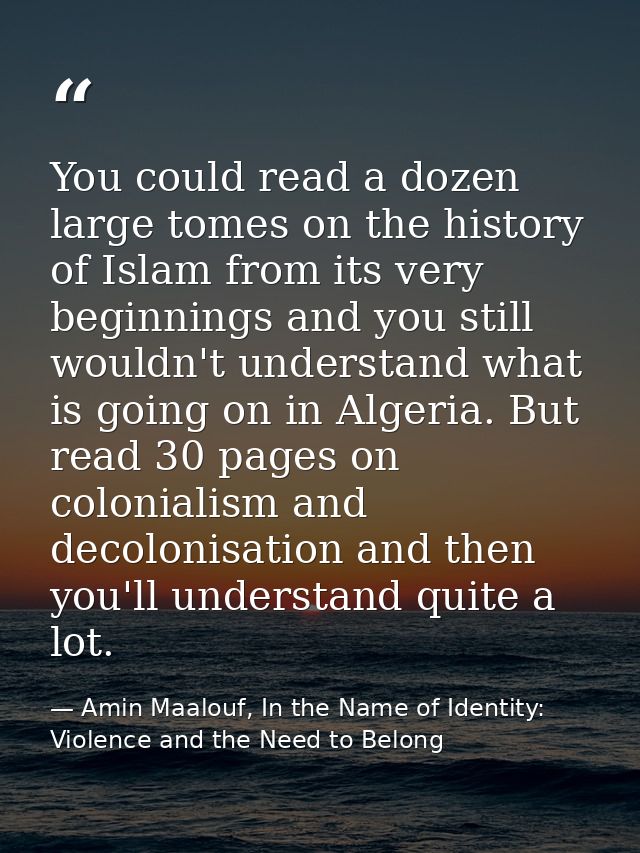 You could read a dozen large tomes on the history of Islam from its very beginnings and you still wouldn't understand wh — Amin Maalouf, In the Name of Identity: Violence and the Need to Belong