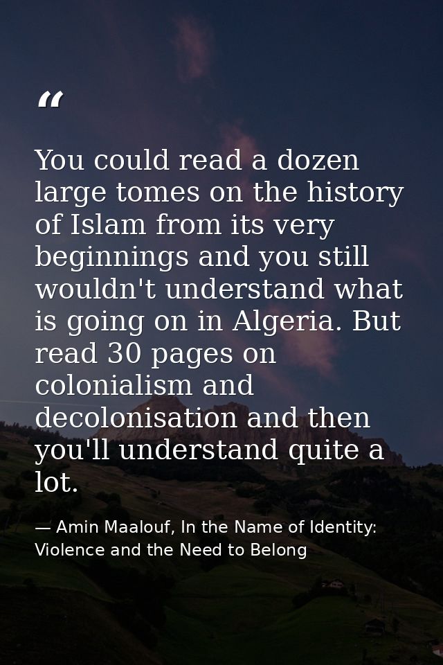 You could read a dozen large tomes on the history of Islam from its very beginnings and you still wouldn't understand wh — Amin Maalouf, In the Name of Identity: Violence and the Need to Belong