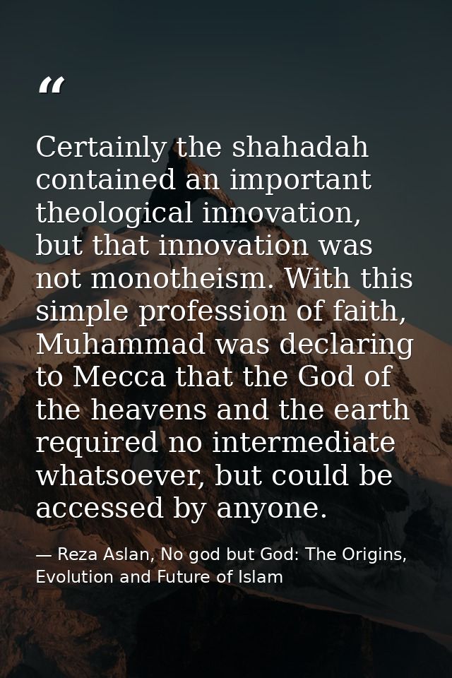 Certainly the shahadah contained an important theological innovation, but that innovation was not monotheism. With this  — Reza Aslan, No god but God: The Origins, Evolution and Future of Islam