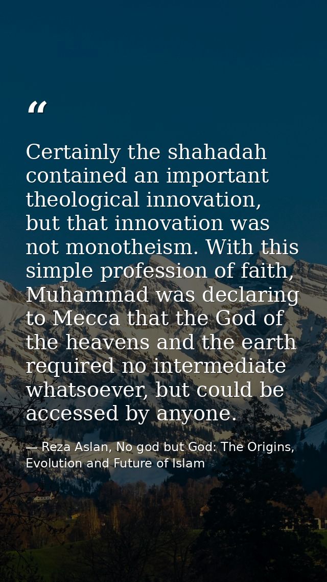 Certainly the shahadah contained an important theological innovation, but that innovation was not monotheism. With this  — Reza Aslan, No god but God: The Origins, Evolution and Future of Islam