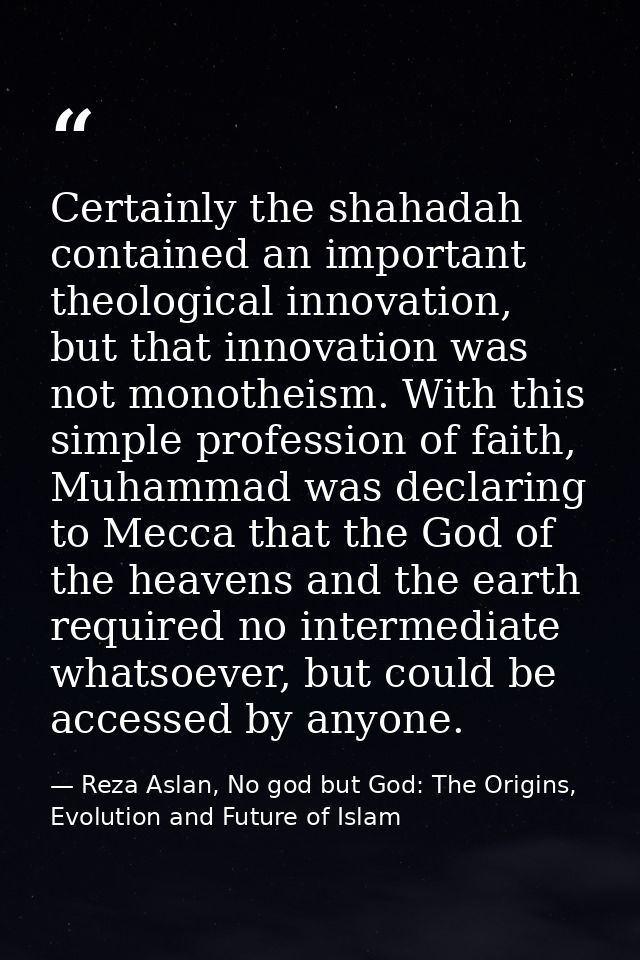 Certainly the shahadah contained an important theological innovation, but that innovation was not monotheism. With this  — Reza Aslan, No god but God: The Origins, Evolution and Future of Islam