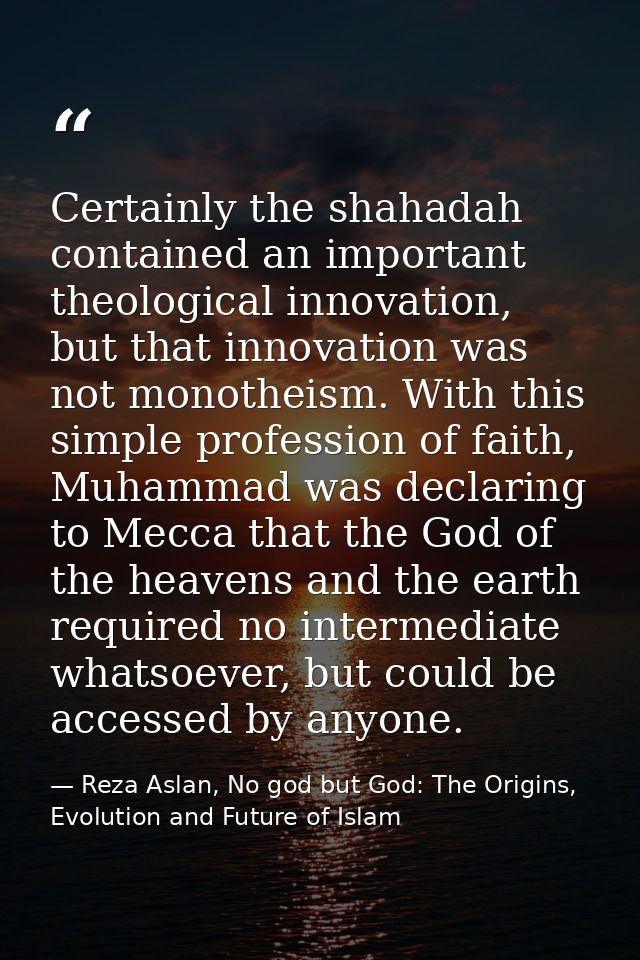 Certainly the shahadah contained an important theological innovation, but that innovation was not monotheism. With this  — Reza Aslan, No god but God: The Origins, Evolution and Future of Islam