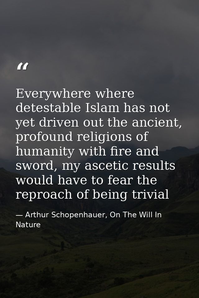 Everywhere where detestable Islam has not yet driven out the ancient, profound religions of humanity with fire and sword — Arthur Schopenhauer, On The Will In Nature