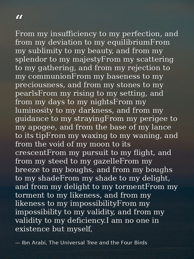 From my insufficiency to my perfection, and from my deviation to my equilibriumFrom my sublimity to my beauty, and from  — Ibn Arabi, The Universal Tree and the Four Birds
