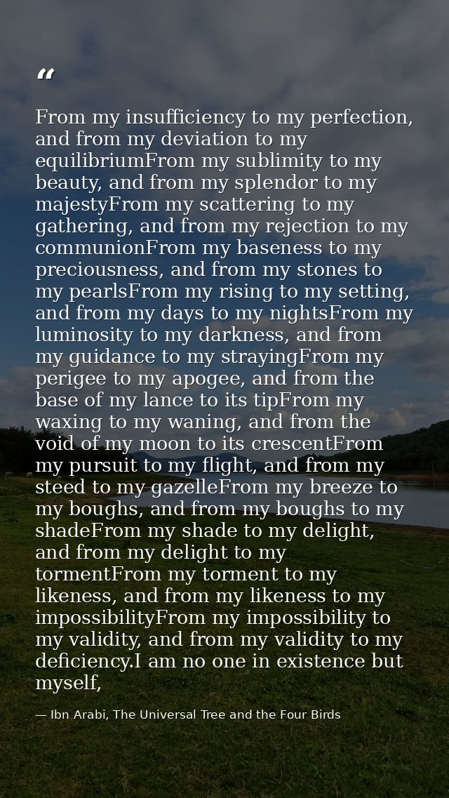 From my insufficiency to my perfection, and from my deviation to my equilibriumFrom my sublimity to my beauty, and from  — Ibn Arabi, The Universal Tree and the Four Birds