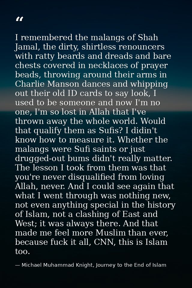 I remembered the malangs of Shah Jamal, the dirty, shirtless renouncers with ratty beards and dreads and bare chests cov — Michael Muhammad Knight, Journey to the End of Islam