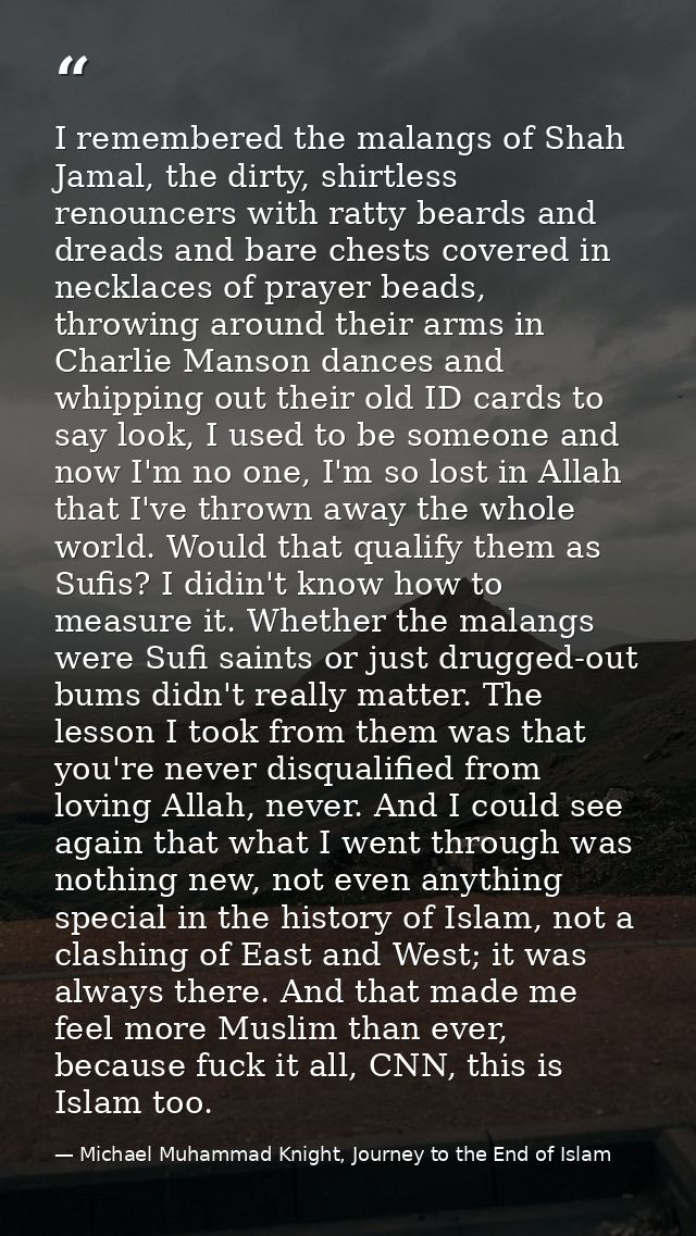 I remembered the malangs of Shah Jamal, the dirty, shirtless renouncers with ratty beards and dreads and bare chests cov — Michael Muhammad Knight, Journey to the End of Islam