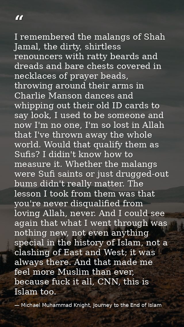 I remembered the malangs of Shah Jamal, the dirty, shirtless renouncers with ratty beards and dreads and bare chests cov — Michael Muhammad Knight, Journey to the End of Islam