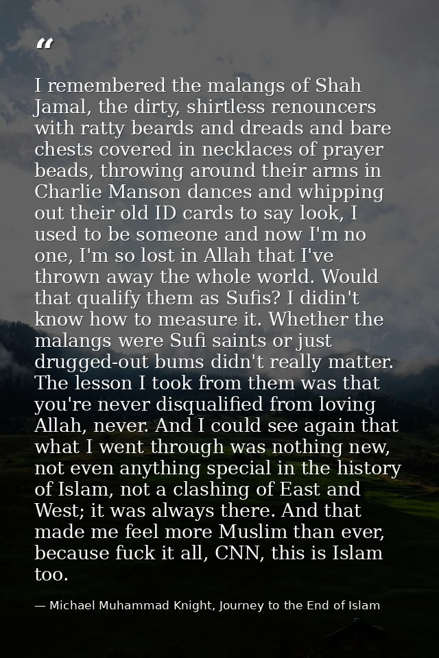 I remembered the malangs of Shah Jamal, the dirty, shirtless renouncers with ratty beards and dreads and bare chests cov — Michael Muhammad Knight, Journey to the End of Islam