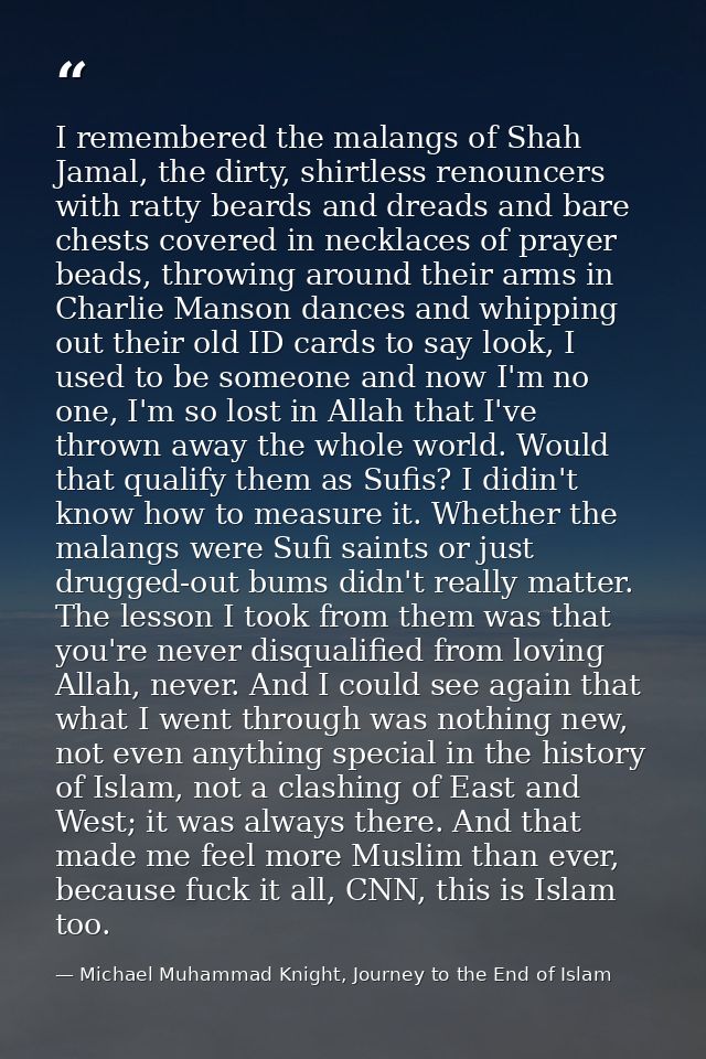 I remembered the malangs of Shah Jamal, the dirty, shirtless renouncers with ratty beards and dreads and bare chests cov — Michael Muhammad Knight, Journey to the End of Islam