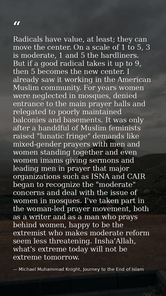 Radicals have value, at least; they can move the center. On a scale of 1 to 5, 3 is moderate, 1 and 5 the hardliners. Bu — Michael Muhammad Knight, Journey to the End of Islam