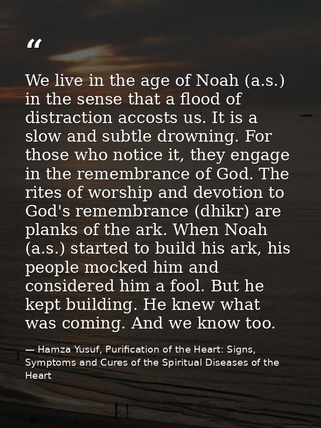 We live in the age of Noah (a.s.) in the sense that a flood of distraction accosts us. It is a slow and subtle drowning. — Hamza Yusuf, Purification of the Heart: Signs, Symptoms and Cures of the Spiritual Diseases of the Heart
