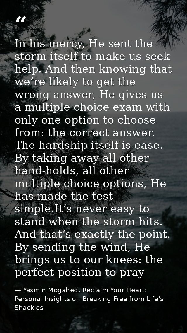 In his mercy, He sent the storm itself to make us seek help. And then knowing that we’re likely to get the wrong answer, — Yasmin Mogahed, Reclaim Your Heart: Personal Insights on Breaking Free from Life's Shackles