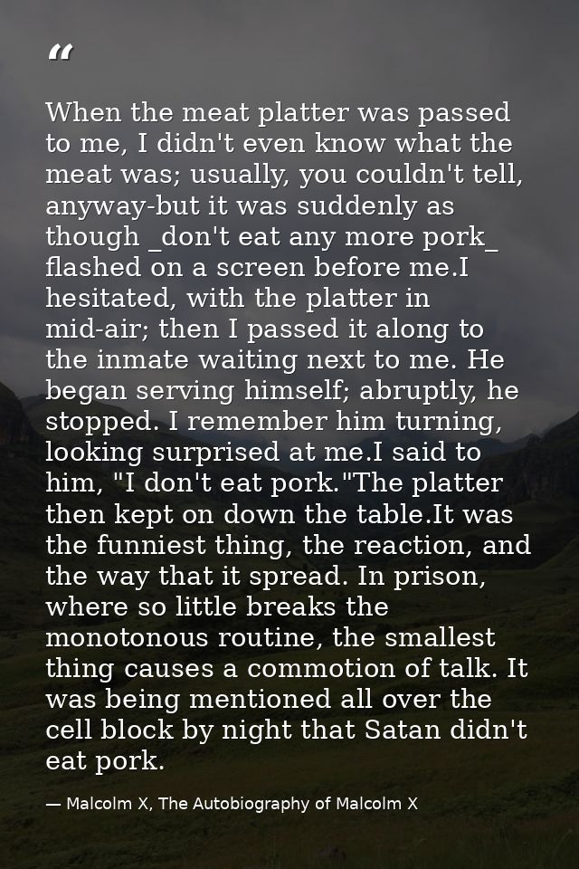 When the meat platter was passed to me, I didn't even know what the meat was; usually, you couldn't tell, anyway-but it  — Malcolm X, The Autobiography of Malcolm X