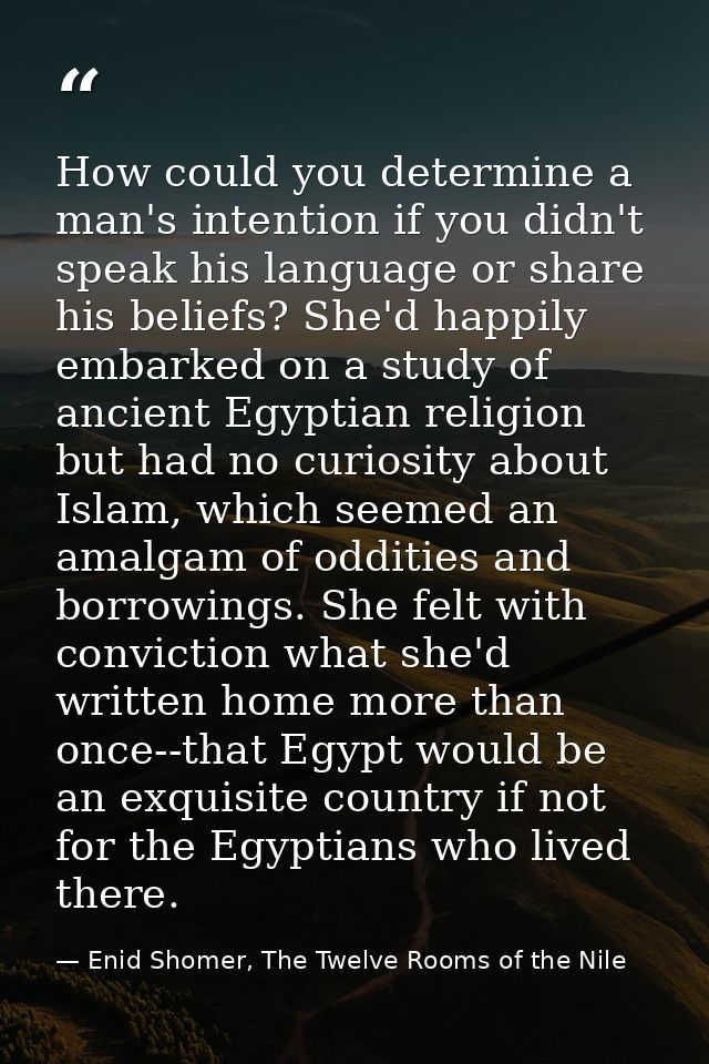 How could you determine a man's intention if you didn't speak his language or share his beliefs? She'd happily embarked  — Enid Shomer, The Twelve Rooms of the Nile
