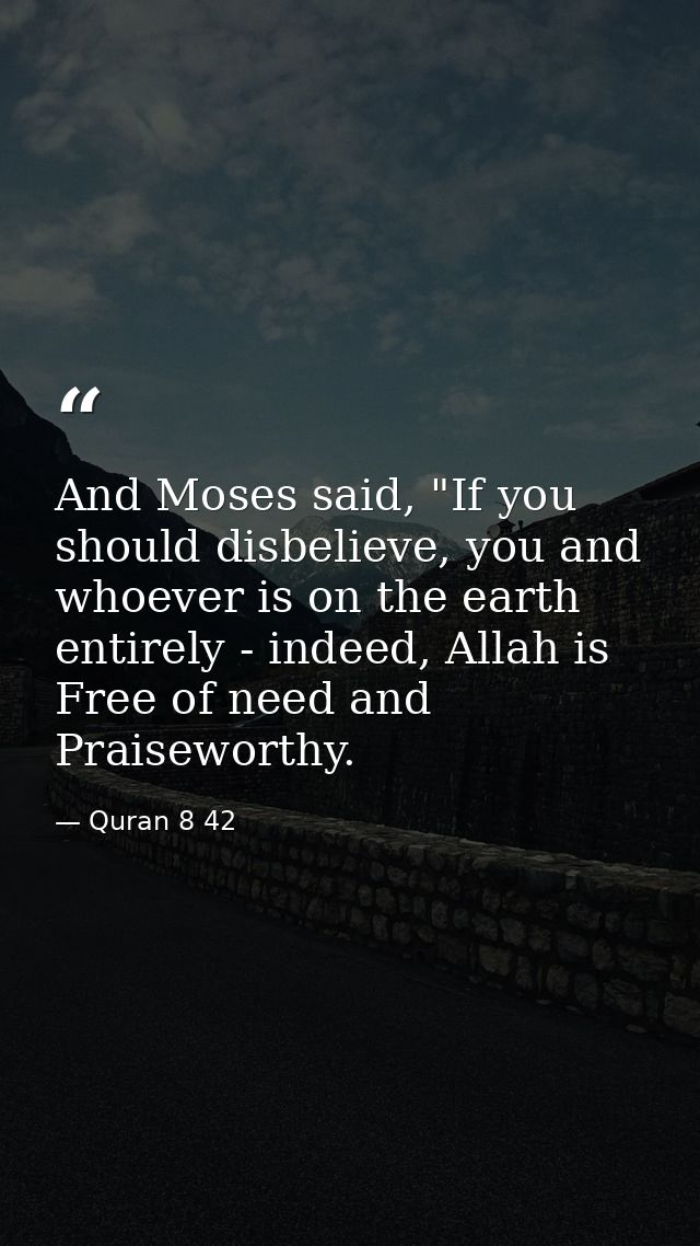 And Moses said, "If you should disbelieve, you and whoever is on the earth entirely - indeed, Allah is Free of need and  — Quran 8 42