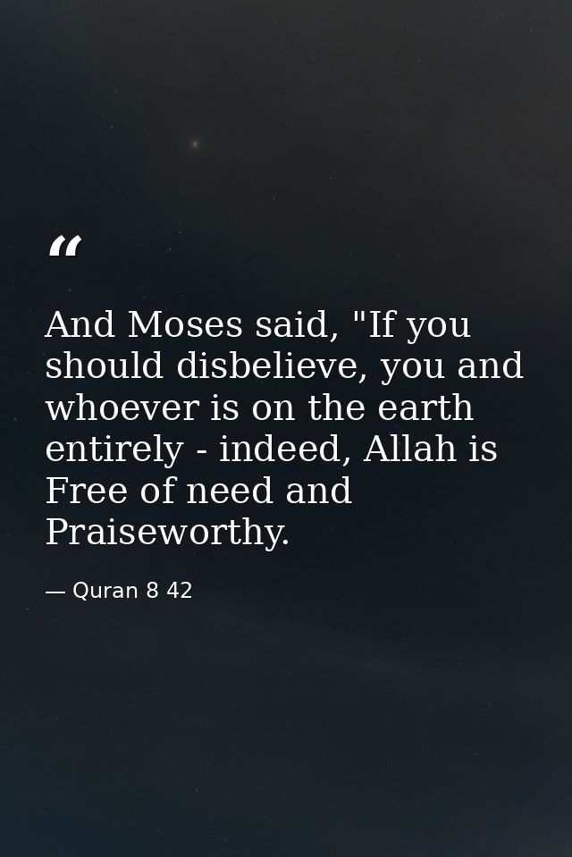 And Moses said, "If you should disbelieve, you and whoever is on the earth entirely - indeed, Allah is Free of need and  — Quran 8 42