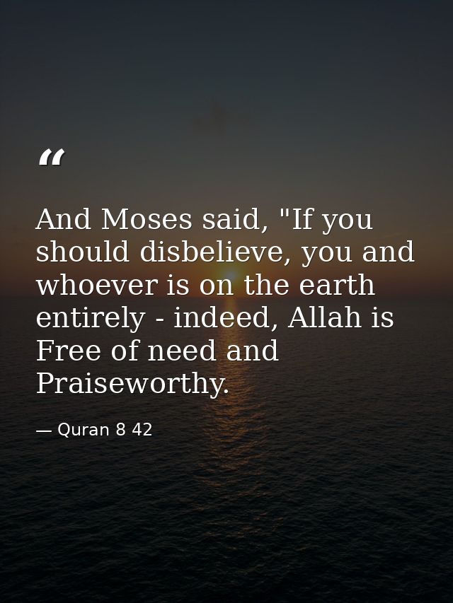 And Moses said, "If you should disbelieve, you and whoever is on the earth entirely - indeed, Allah is Free of need and  — Quran 8 42