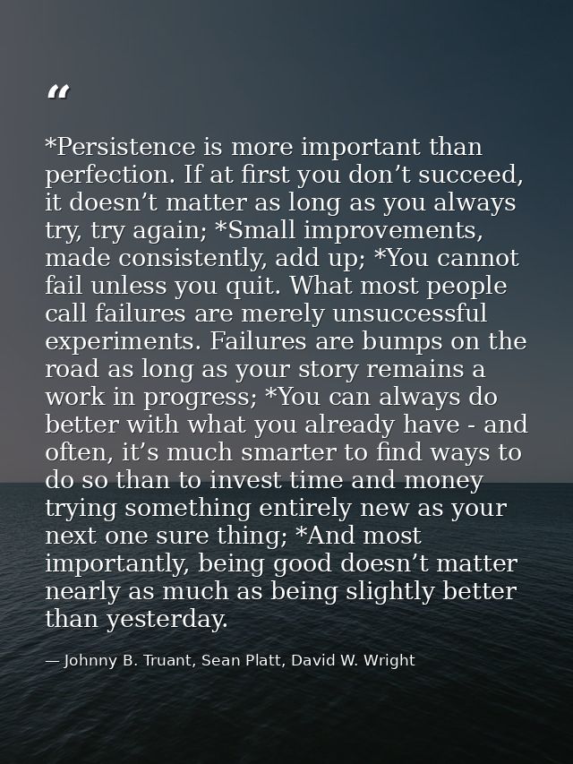 *Persistence is more important than perfection. If at first you don’t succeed, it doesn’t matter as long as you always t — Johnny B. Truant, Sean Platt, David W. Wright