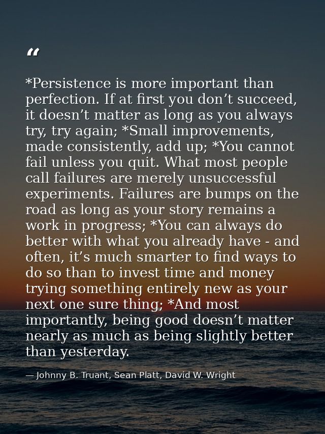 *Persistence is more important than perfection. If at first you don’t succeed, it doesn’t matter as long as you always t — Johnny B. Truant, Sean Platt, David W. Wright