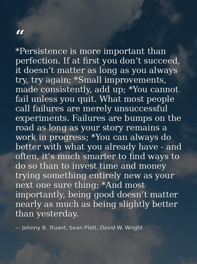*Persistence is more important than perfection. If at first you don’t succeed, it doesn’t matter as long as you always t — Johnny B. Truant, Sean Platt, David W. Wright