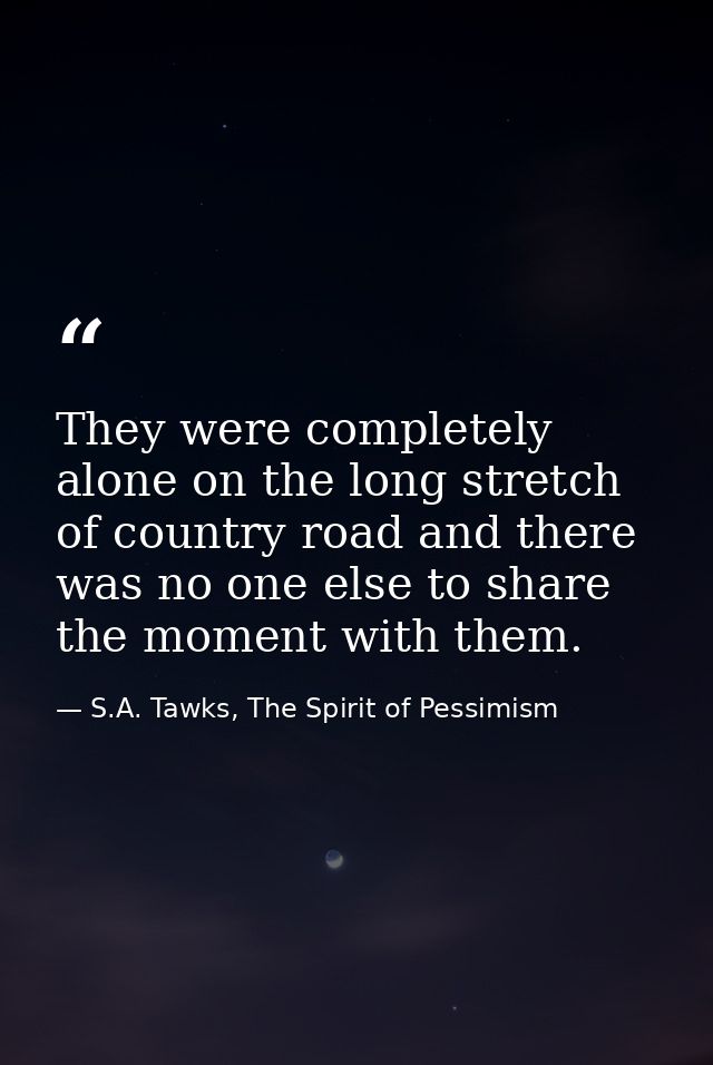 They were completely alone on the long stretch of country road and there was no one else to share the moment with them. — S.A. Tawks, The Spirit of Pessimism
