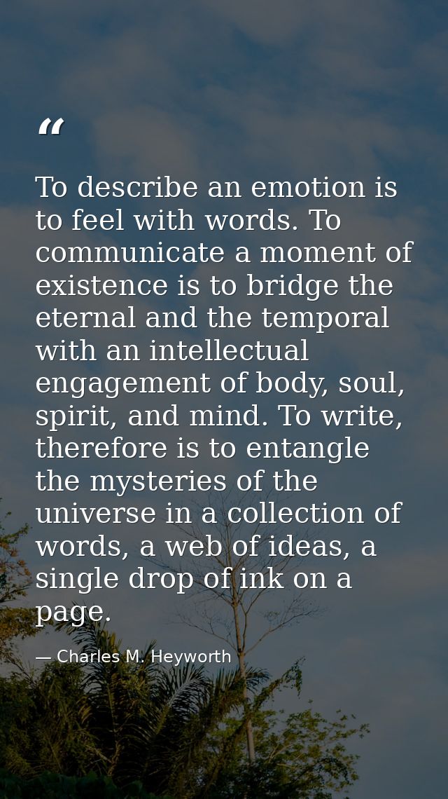 To describe an emotion is to feel with words. To communicate a moment of existence is to bridge the eternal and the temp — Charles M. Heyworth