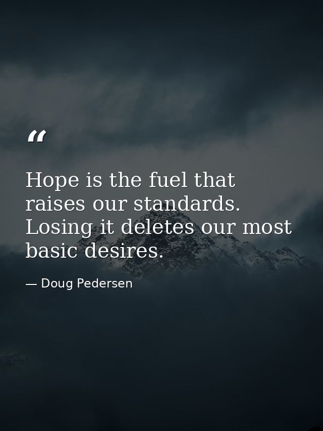 Hope is the fuel that raises our standards. Losing it deletes our most basic desires. — Doug Pedersen