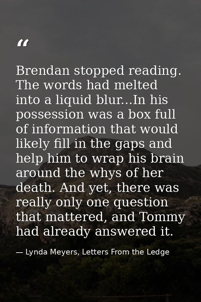 Brendan stopped reading. The words had melted into a liquid blur...In his possession was a box full of information that  — Lynda Meyers, Letters From the Ledge