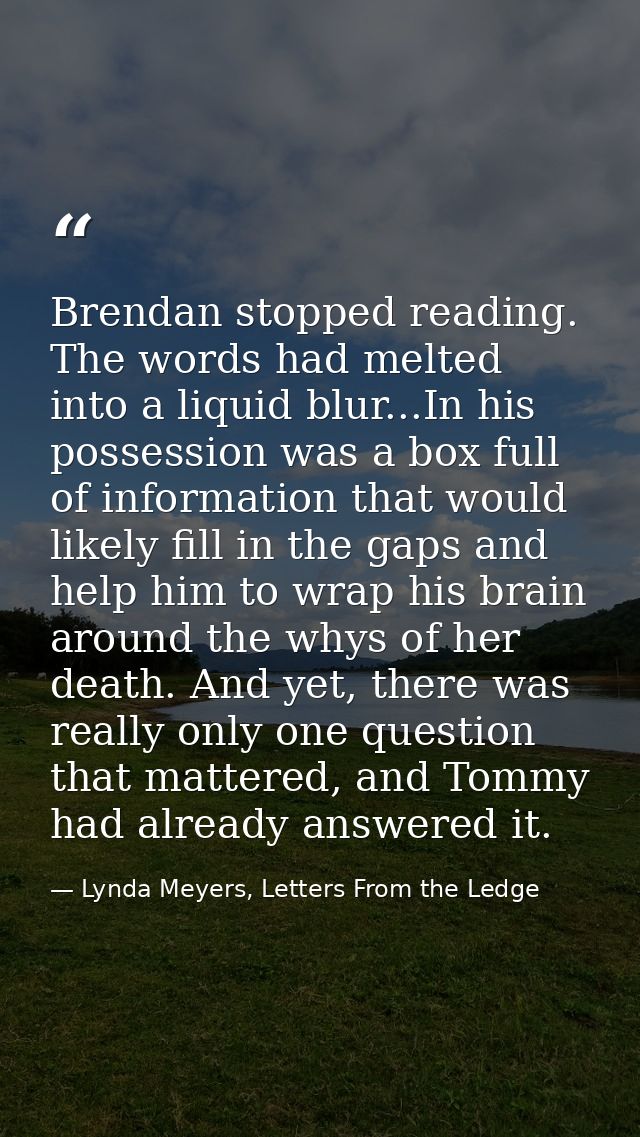 Brendan stopped reading. The words had melted into a liquid blur...In his possession was a box full of information that  — Lynda Meyers, Letters From the Ledge