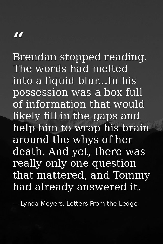 Brendan stopped reading. The words had melted into a liquid blur...In his possession was a box full of information that  — Lynda Meyers, Letters From the Ledge