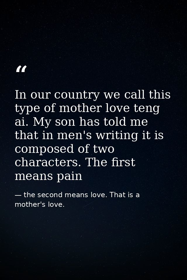 In our country we call this type of mother love teng ai. My son has told me that in men's writing it is composed of two  — the second means love. That is a mother's love.