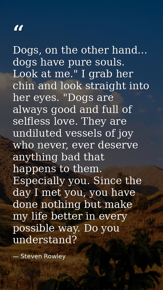 Dogs, on the other hand... dogs have pure souls. Look at me." I grab her chin and look straight into her eyes. "Dogs are — Steven Rowley