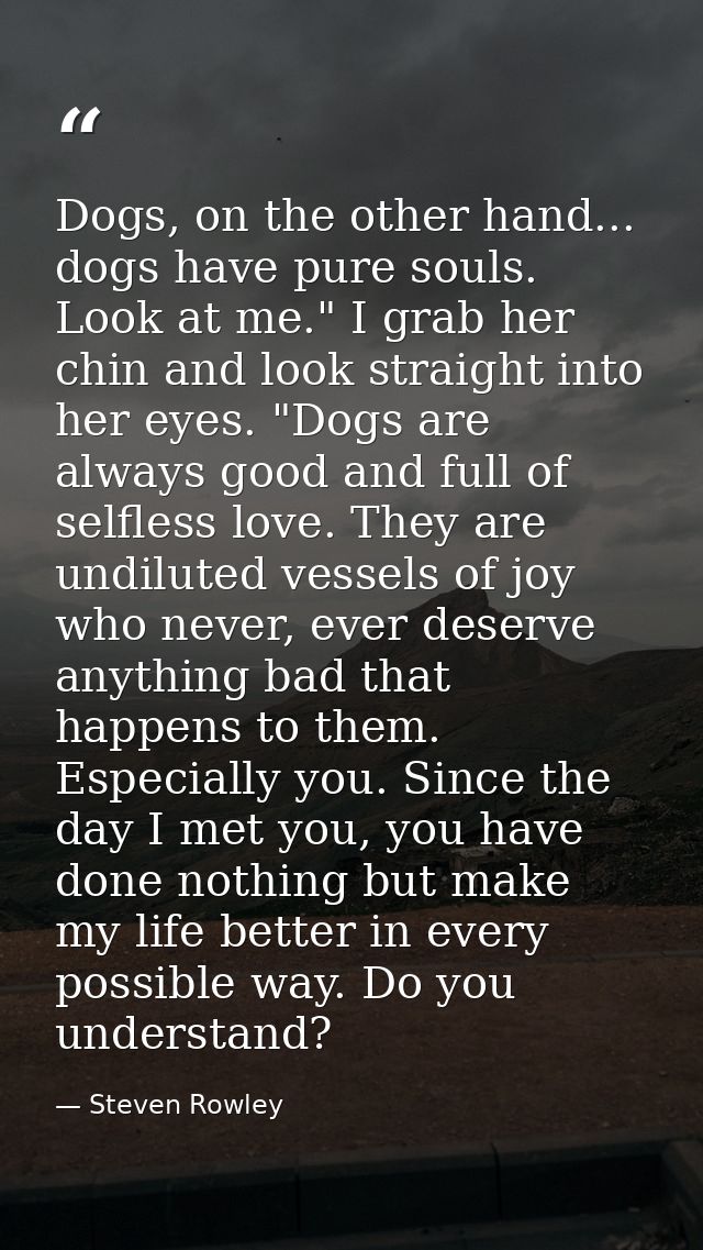 Dogs, on the other hand... dogs have pure souls. Look at me." I grab her chin and look straight into her eyes. "Dogs are — Steven Rowley