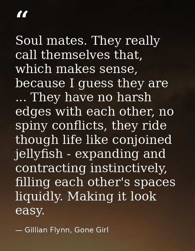 Soul mates. They really call themselves that, which makes sense, because I guess they are ... They have no harsh edges w — Gillian Flynn, Gone Girl