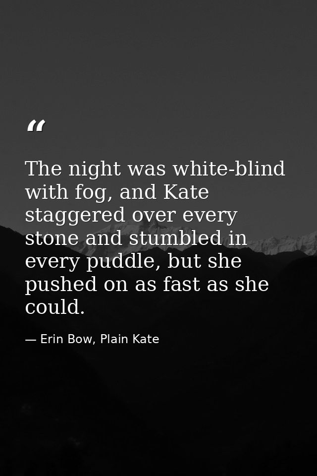 The night was white-blind with fog, and Kate staggered over every stone and stumbled in every puddle, but she pushed on  — Erin Bow, Plain Kate