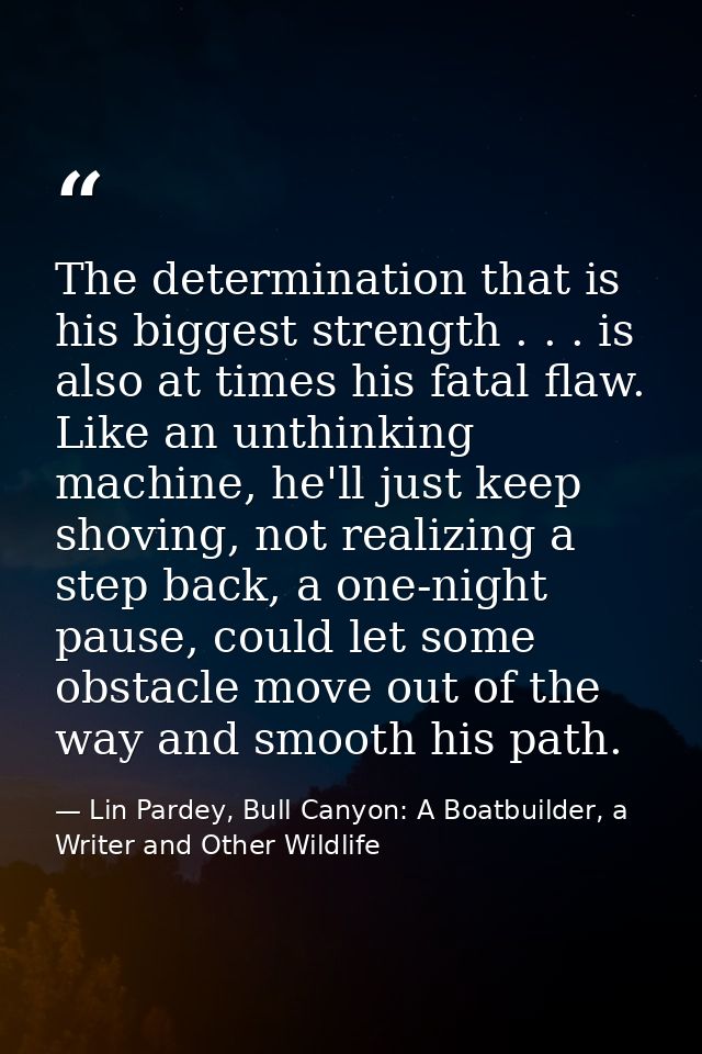 The determination that is his biggest strength . . . is also at times his fatal flaw. Like an unthinking machine, he'll  — Lin Pardey, Bull Canyon: A Boatbuilder, a Writer and Other Wildlife