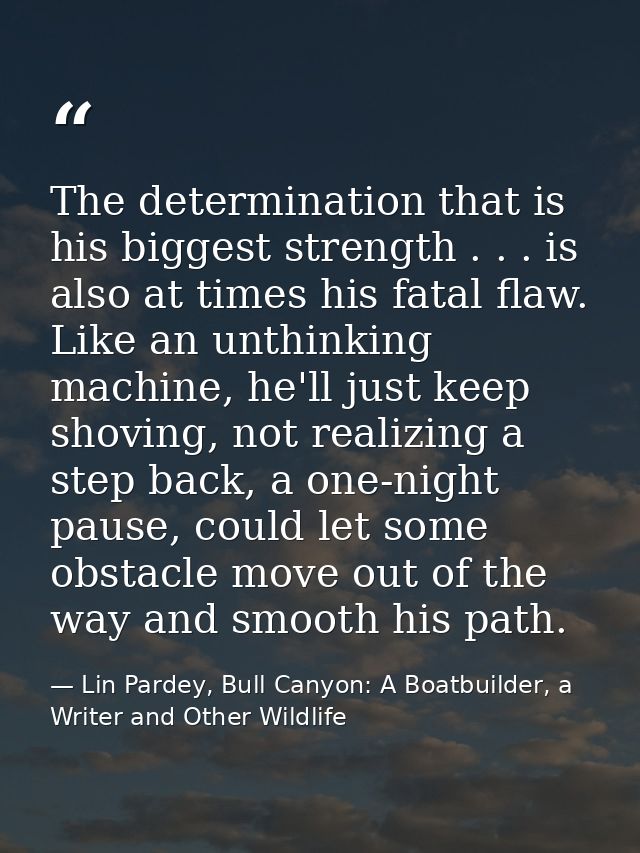 The determination that is his biggest strength . . . is also at times his fatal flaw. Like an unthinking machine, he'll  — Lin Pardey, Bull Canyon: A Boatbuilder, a Writer and Other Wildlife