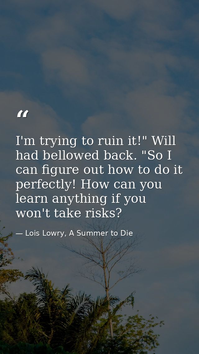 I'm trying to ruin it!" Will had bellowed back. "So I can figure out how to do it perfectly! How can you learn anything  — Lois Lowry, A Summer to Die