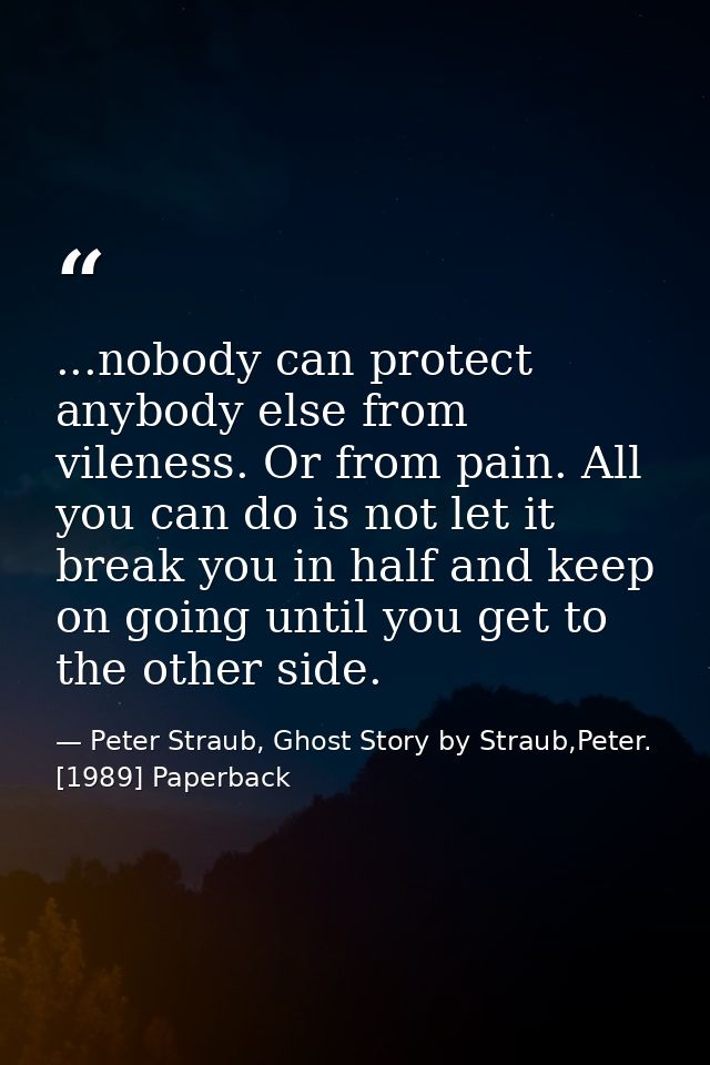 ...nobody can protect anybody else from vileness. Or from pain. All you can do is not let it break you in half and keep  — Peter Straub, Ghost Story by Straub,Peter. [1989] Paperback