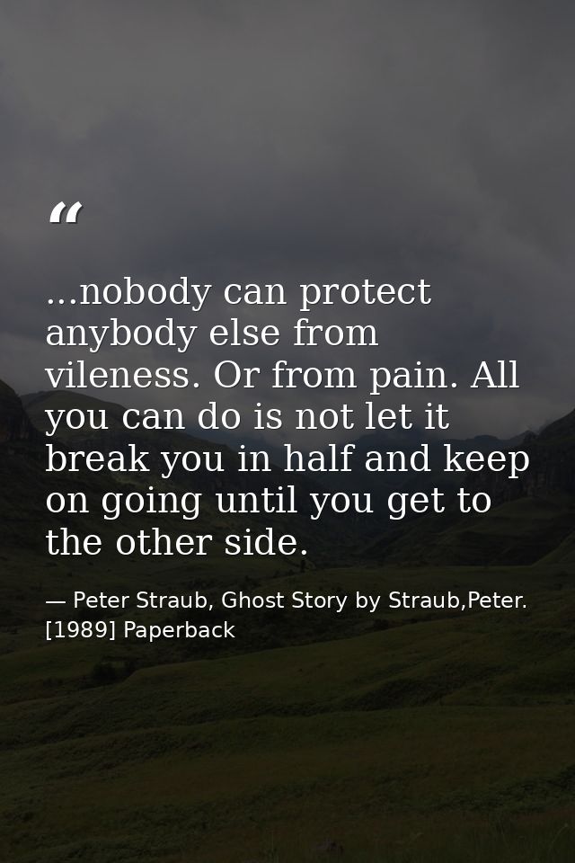 ...nobody can protect anybody else from vileness. Or from pain. All you can do is not let it break you in half and keep  — Peter Straub, Ghost Story by Straub,Peter. [1989] Paperback
