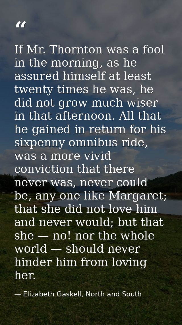 If Mr. Thornton was a fool in the morning, as he assured himself at least twenty times he was, he did not grow much wise — Elizabeth Gaskell, North and South
