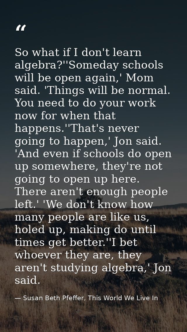 So what if I don't learn algebra?''Someday schools will be open again,' Mom said. 'Things will be normal. You need to do — Susan Beth Pfeffer, This World We Live In