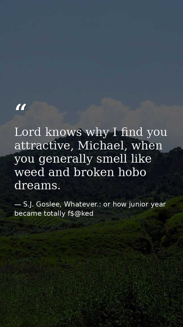 Lord knows why I find you attractive, Michael, when you generally smell like weed and broken hobo dreams. — S.J. Goslee, Whatever.: or how junior year became totally f$@ked