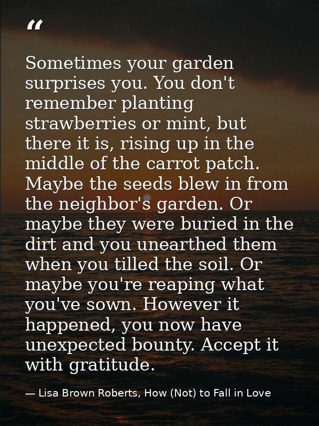 Sometimes your garden surprises you. You don't remember planting strawberries or mint, but there it is, rising up in the — Lisa Brown Roberts, How (Not) to Fall in Love